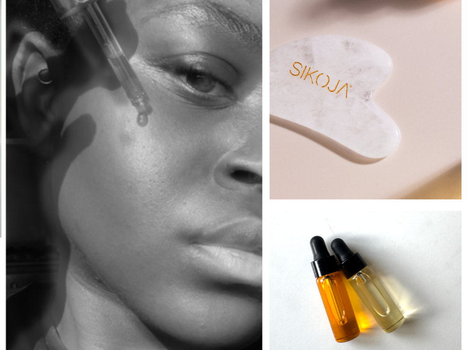 collage of minis, clear quarts gua she and face of owner dripping oil on her cheek